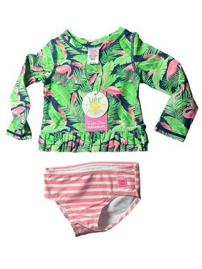RUFFLEBUTTS RUGGED BUTTS baby 12-18 months Flamingo frenzy  ruffle hem rashguard